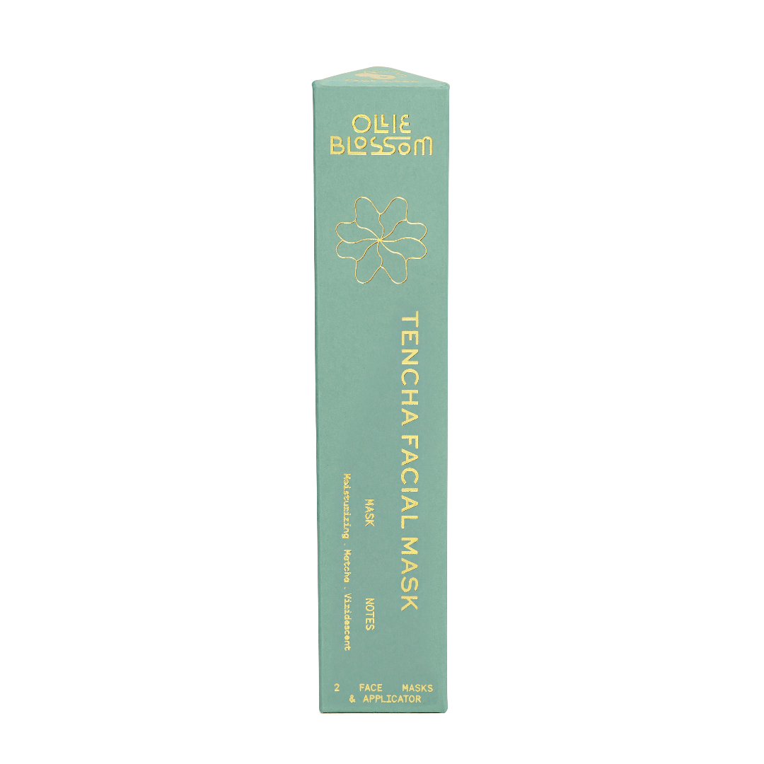 Green and gold Ollie Blossom face mask product box that reads 'TENCHA FACIAL MASK'