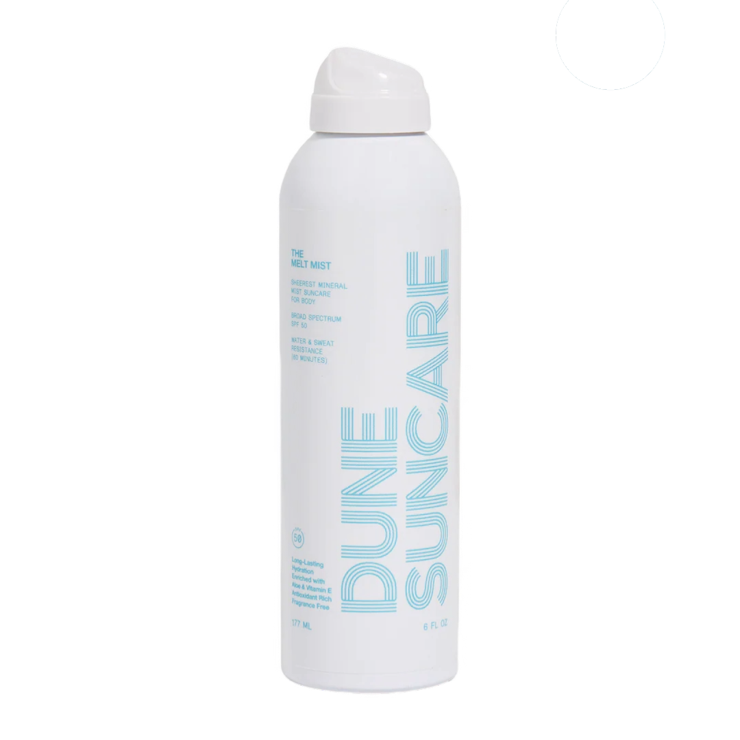 Dune Suncare spray bottle on a white background