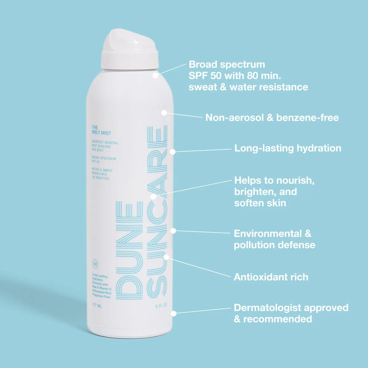 Dune Suncare sunscreen spray bottle with features listed on a light blue background