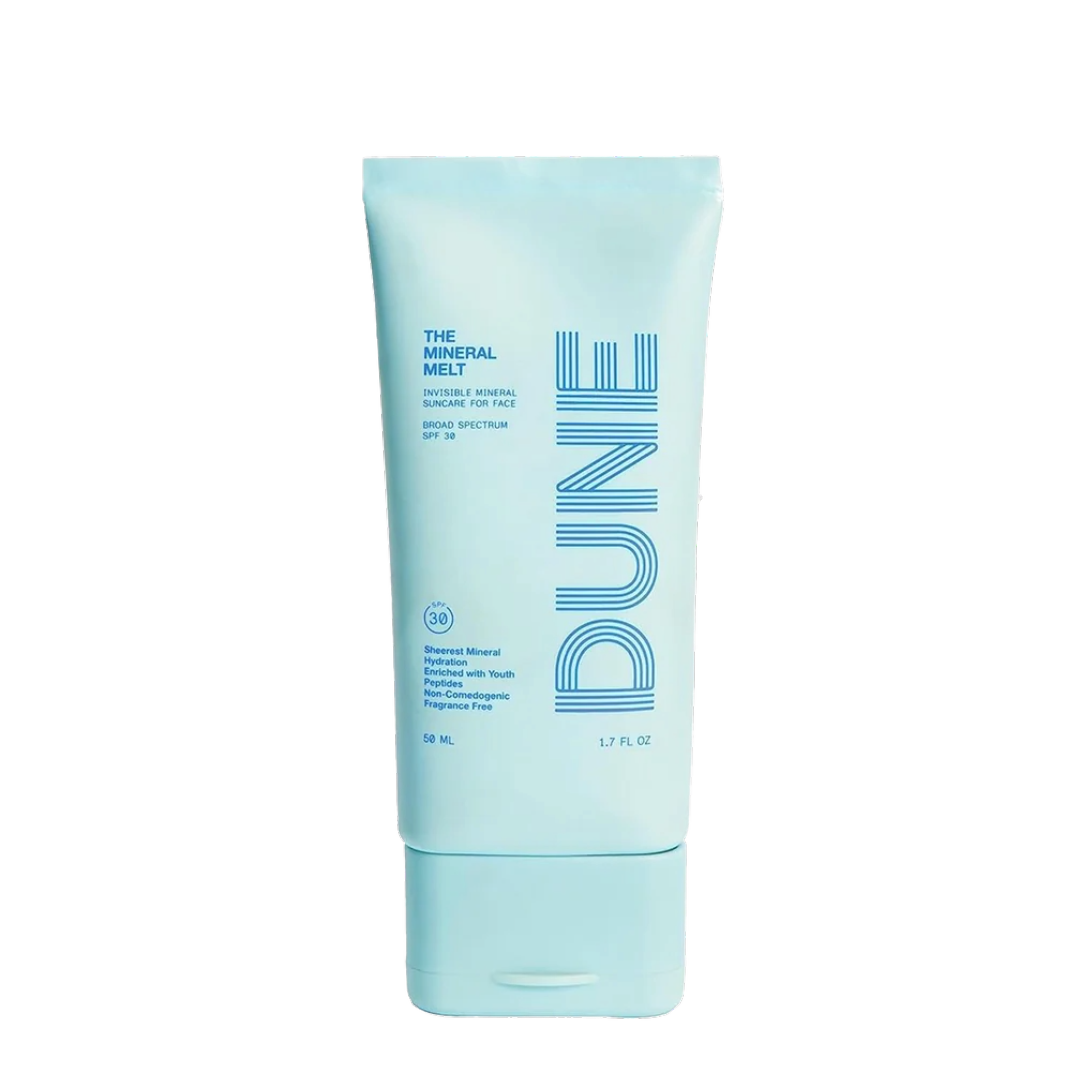 A tube of Dune Suncare The Mineral Melt sunscreen with a light blue color and the brand's logo on the front.