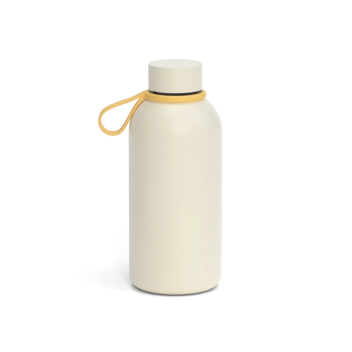 An ivory white insulated reusable water bottle with a yellow silicone strap.