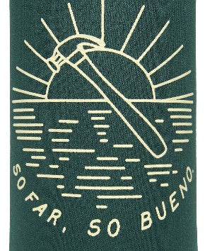 Koozie textile product with a design of a sun and landscape, featuring the text 'So far, So Bueno' on a green background.
