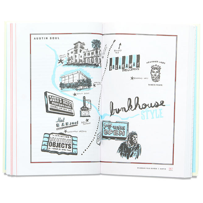 Photo of open book featuring hand drawings of local Austin signage and buildings on a simple map with text titling each location.
