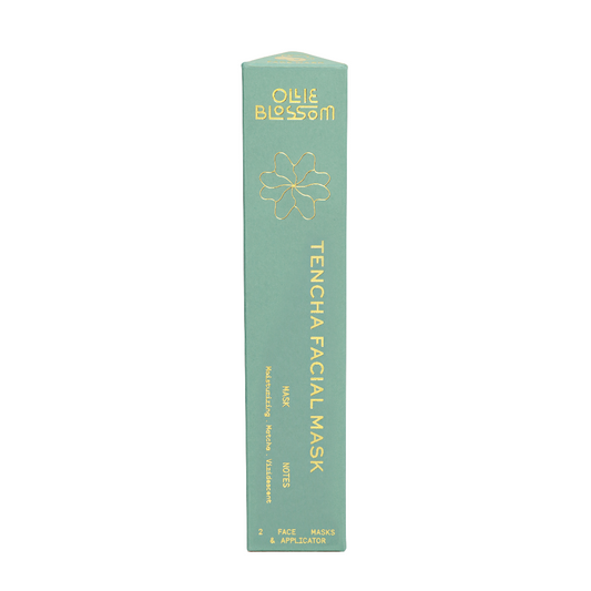 Green and gold Ollie Blossom face mask product box that reads 'TENCHA FACIAL MASK'