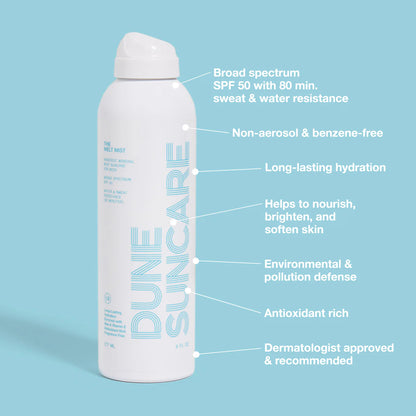 Dune Suncare sunscreen spray bottle with features listed on a light blue background