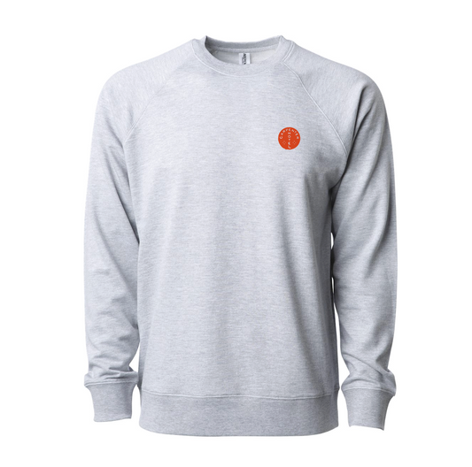 Gray sweatshirt with a small orange logo on a white background