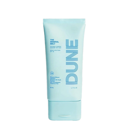 A tube of Dune Suncare The Mineral Melt sunscreen with a light blue color and the brand's logo on the front.