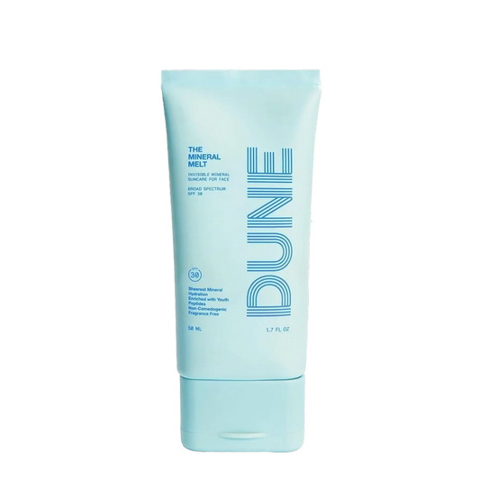 A tube of Dune Suncare The Mineral Melt sunscreen with a light blue color and the brand's logo on the front.