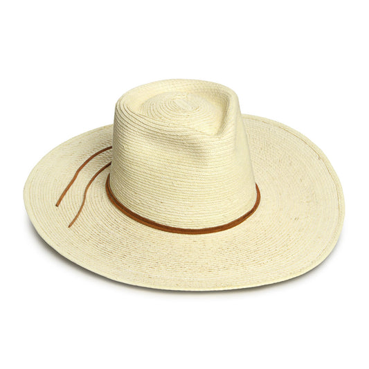 A beige palm sun hat with a flat brim and suede hatband.