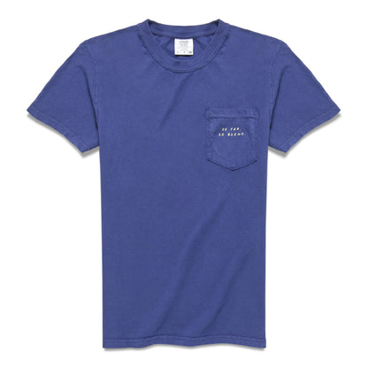 A blue pocket tee with the text 'SO FAR SO BUENO' printed on the front pocket.