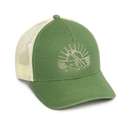 Product photo of trucker hat with green front and brim, beige mesh and beige hammer embroidered graphic on front.