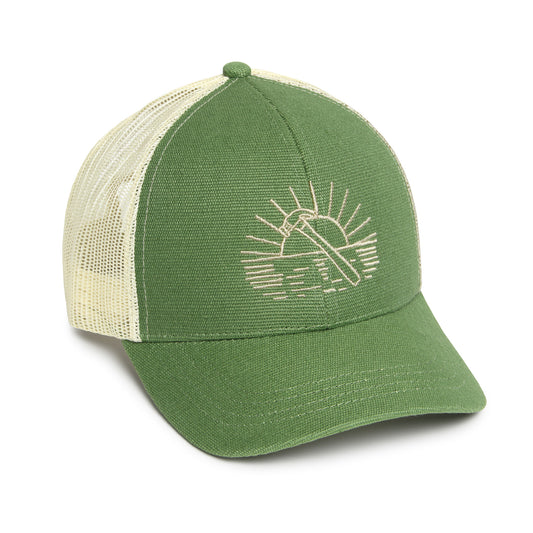 Product photo of trucker hat with green front and brim, beige mesh and beige hammer embroidered graphic on front.